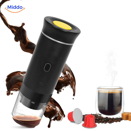 Black portable espresso machine displayed from the side.