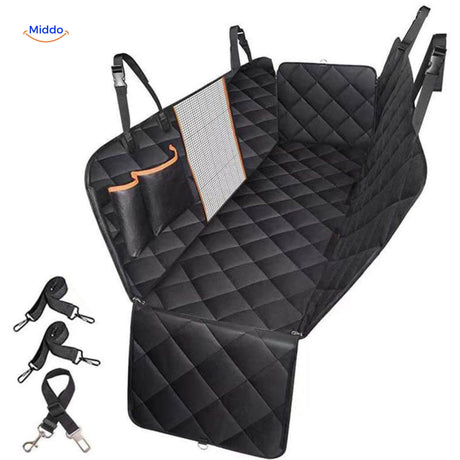 Black quilted car pet seat cover with orange mesh storage pocket.