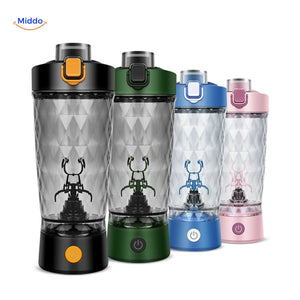 Black electric shaker bottle with built-in storage container.