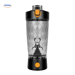 Black electric shaker with extended blender blades for powerful mixing.