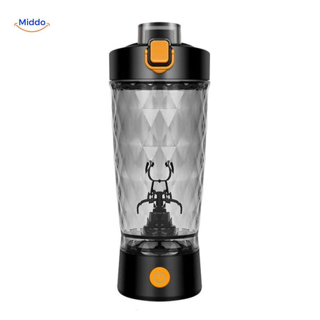 Black electric shaker with extended blender blades for powerful mixing.