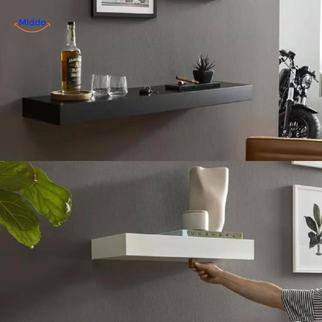 Black modern shelf styled as a wine bar with bottle and glass storage.