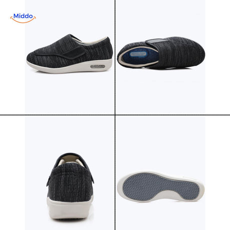 Black comfort shoes shown from multiple views displaying versatility.