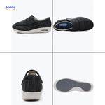 Black comfort shoes shown from multiple views displaying versatility.