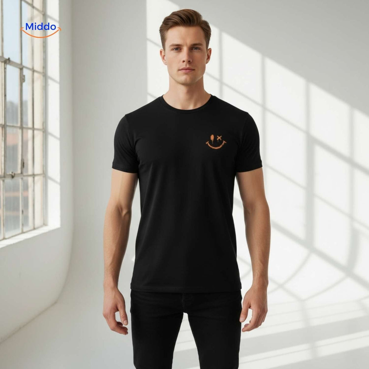 Black cotton t-shirt with smiley print in sleek casual men's style.