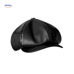 Black smooth leather vintage flat cap with classic newsboy style.
