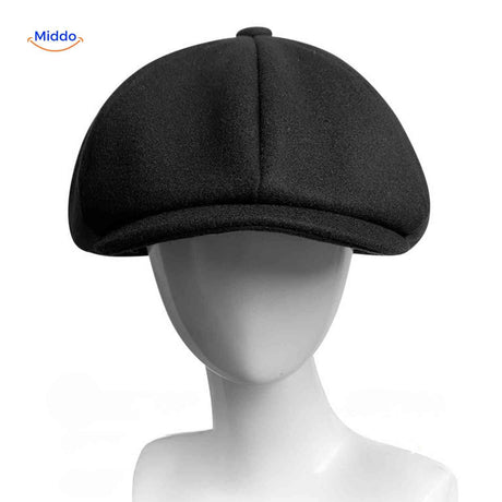 Black solid wool newsboy cap with classic vintage flat cap design.