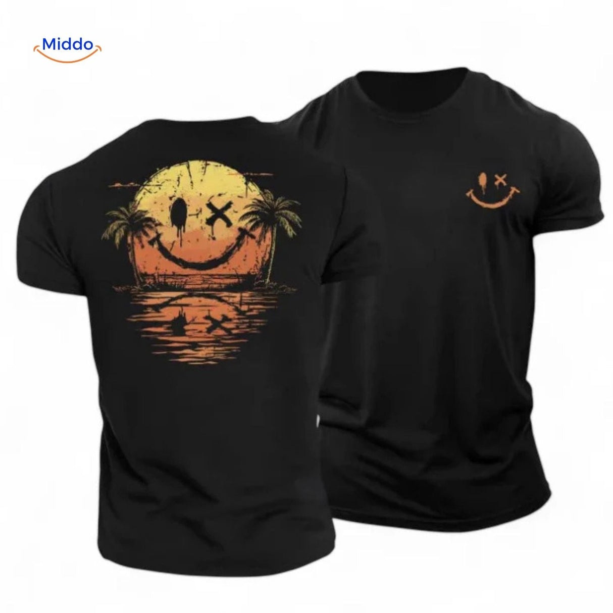 Black cotton t-shirt featuring sunset smiley print.