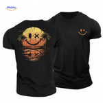 Black cotton t-shirt featuring sunset smiley print.