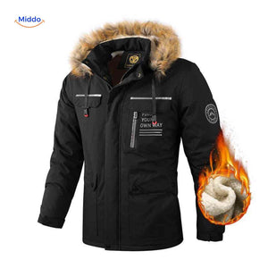Black thermal men's winter jacket with fur collar and zip pockets.