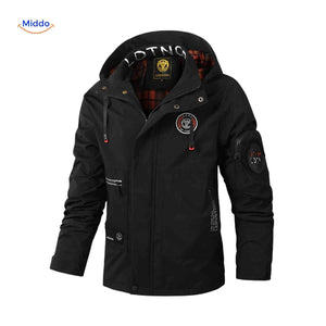 Black waterproof men's winter jacket with hood and logo detail.