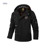 Black waterproof men's winter jacket with hood and logo detail.