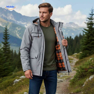 Black waterproof men's winter jacket with hood and snap pockets.