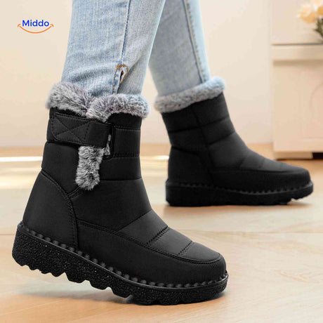 Black waterproof winter boots with warm insulation.