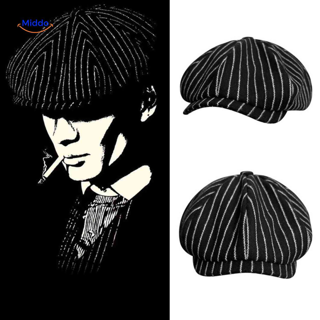 Black and white striped wool newsboy cap with vintage appeal.