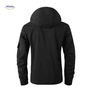 Black wind-resistant men's jacket with hood and sleeve pocket.