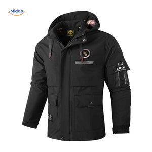 Black wind-resistant men's parka with hood and sleeve patch.