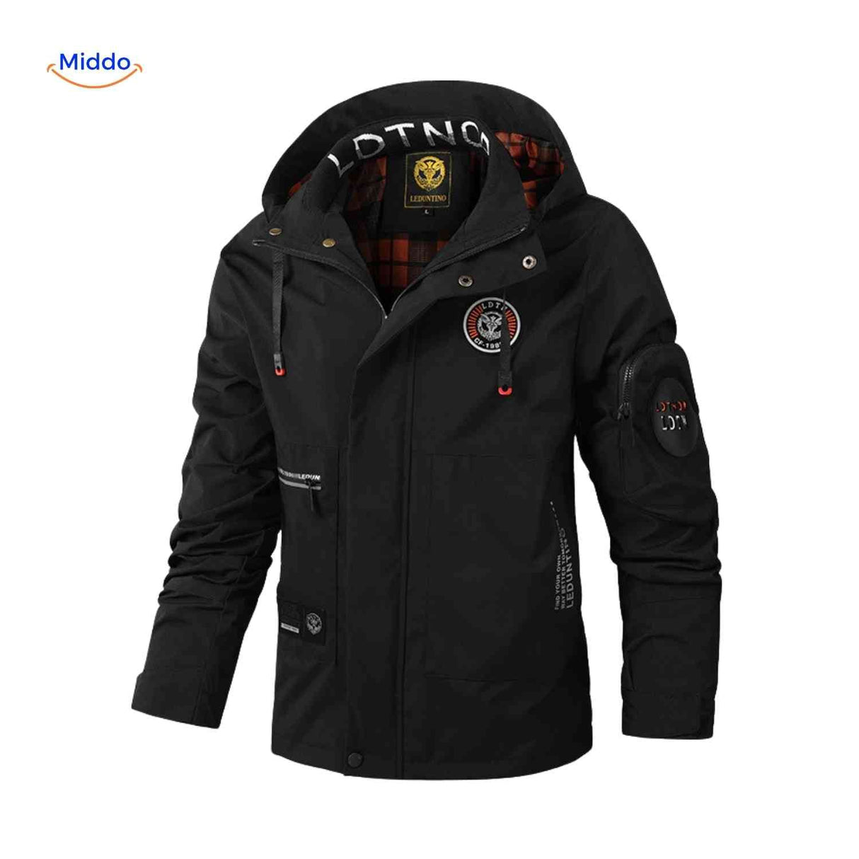 Black waterproof men's winter jacket with arm pocket and hood.