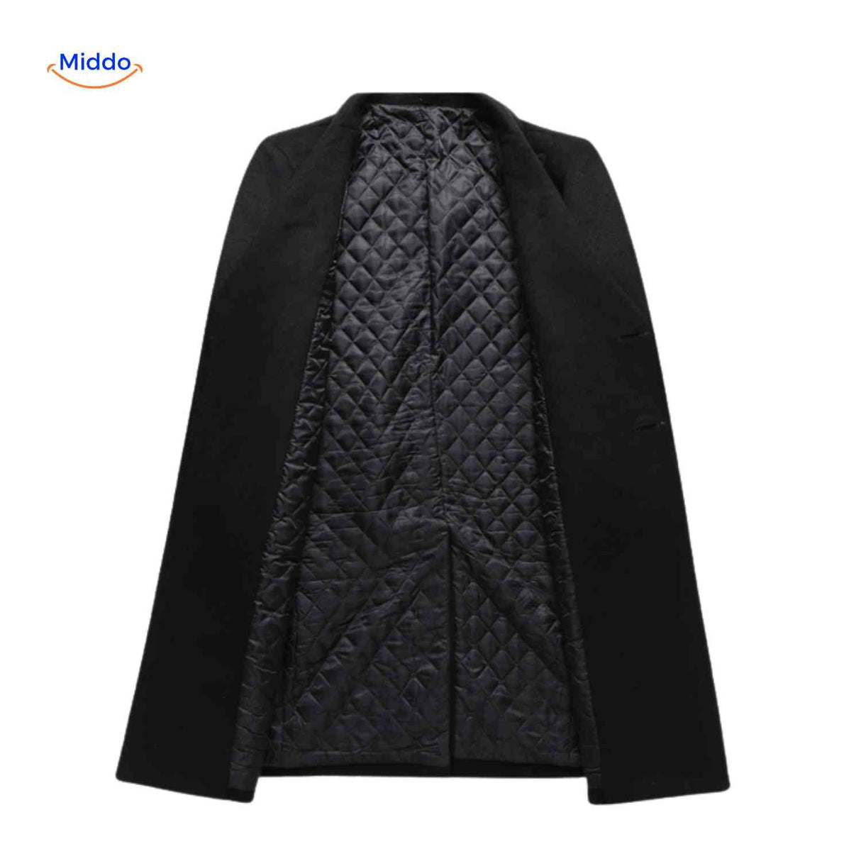 Black mens long winter overcoat opened to reveal premium full inner lining detail.