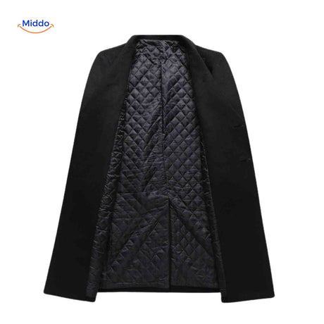 Black mens long winter overcoat opened to reveal premium full inner lining detail.
