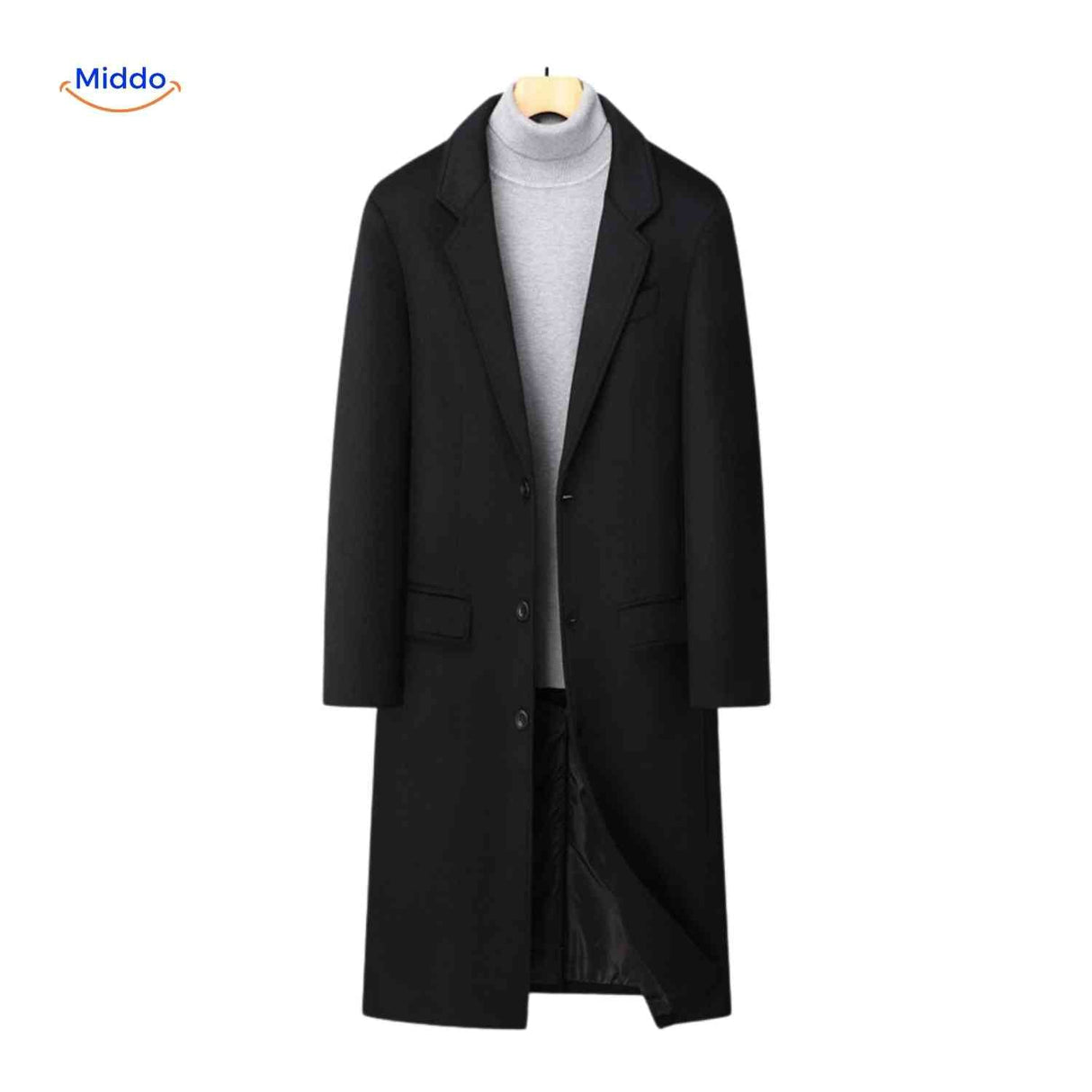 Black long wool overcoat paired with a turtleneck sweater for a layered winter look.