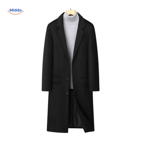 Black long wool overcoat paired with a turtleneck sweater for a layered winter look.