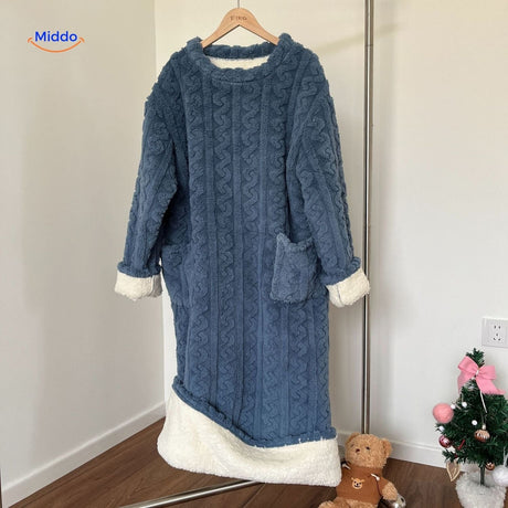Blue Snugglewear robe with sherpa trim for winter warmth.