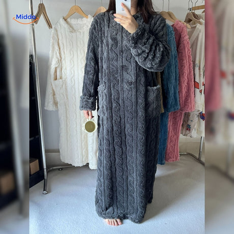Dark gray long blanket robe in winterproof fleece material.