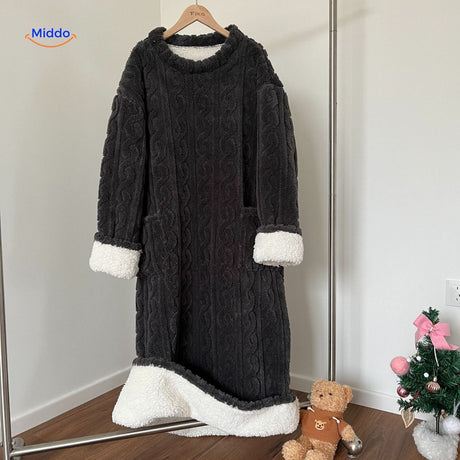 Dark gray Snugglewear robe with sherpa lining interior.