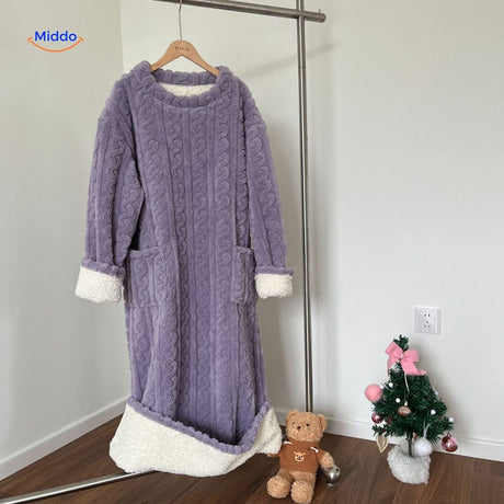Lilac Snugglewear blanket robe wearable design with pockets.