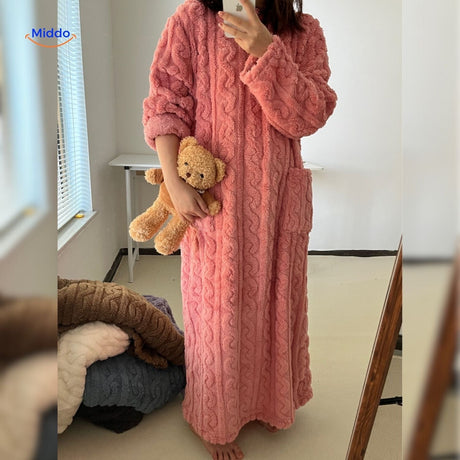 Pink blanket robe with cozy white sherpa border trim.