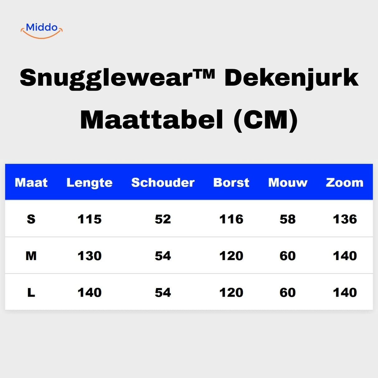 Snugglewear blanket robe size chart with S-M-L measurements in cm.