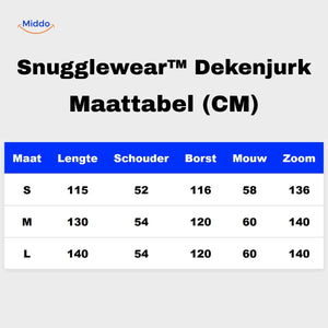 Snugglewear blanket robe size chart with S-M-L measurements in cm.