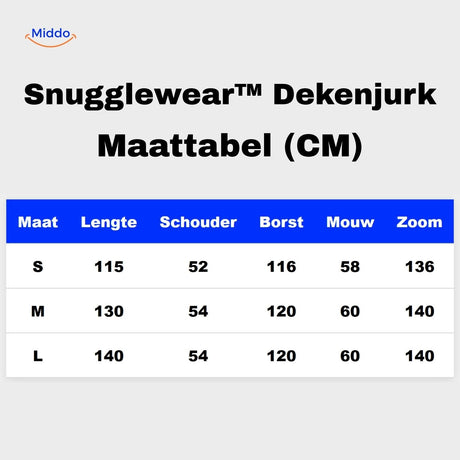 Snugglewear blanket robe size chart with S-M-L measurements in cm.