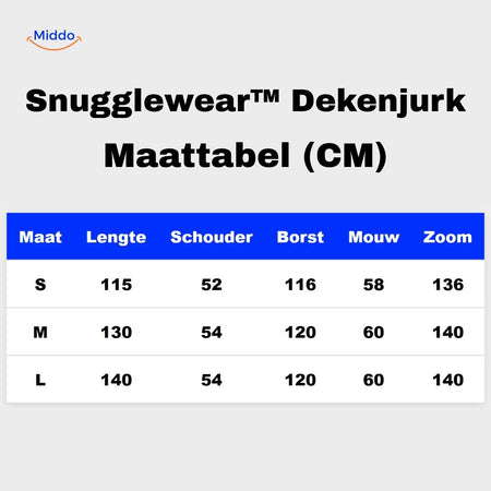 Snugglewear blanket robe size chart with S-M-L measurements in cm.