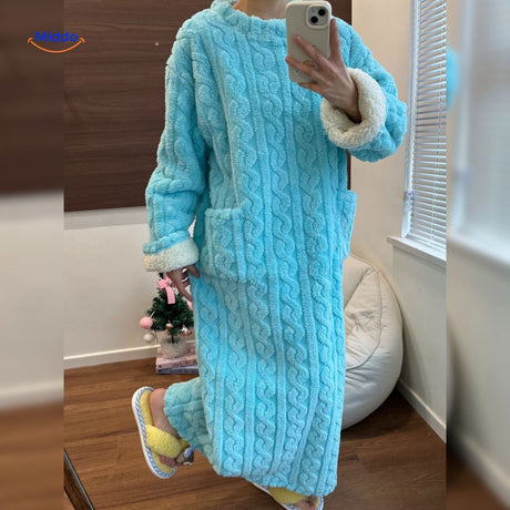 Turquoise Snugglewear robe with white sherpa trim edges.