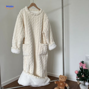 White Snugglewear robe with sherpa borders and functional pockets.