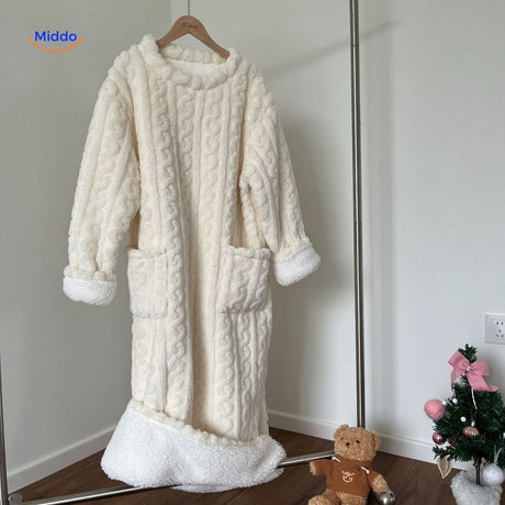White Snugglewear robe with sherpa borders and functional pockets.