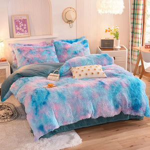 Teddy Fluffy fleece bedding set in Blue and Pink Tie-Dye
