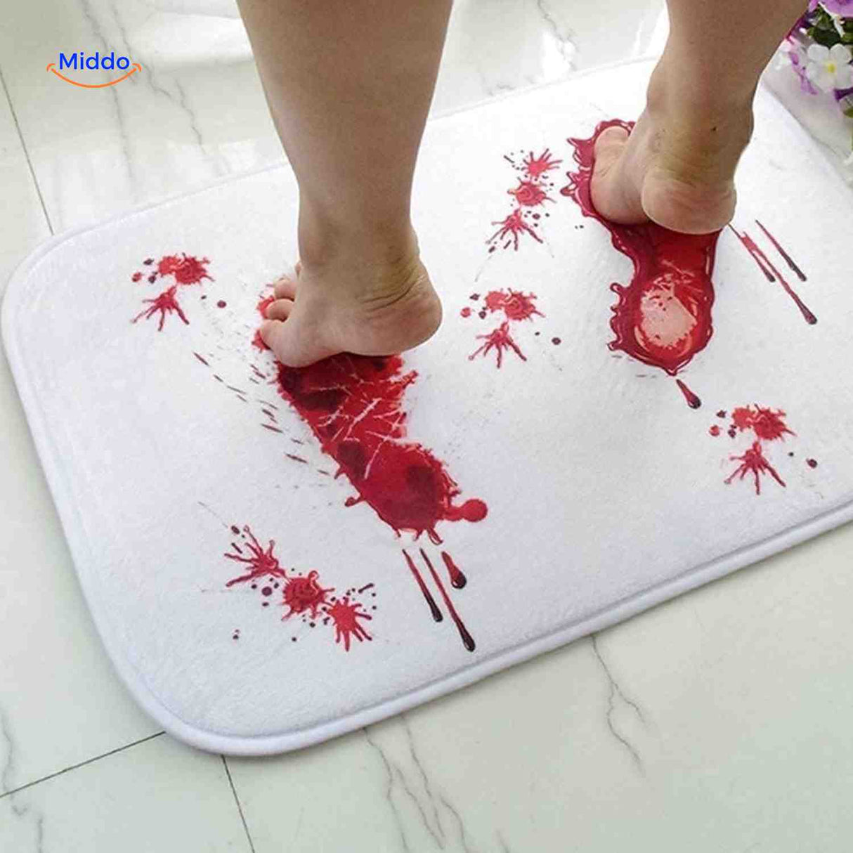 Reusable bath mat featuring multiple blood-effect footprints.