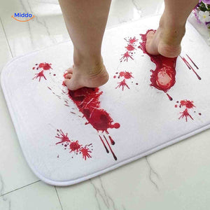 Reusable bath mat featuring multiple blood-effect footprints.