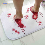 Reusable bath mat featuring multiple blood-effect footprints.
