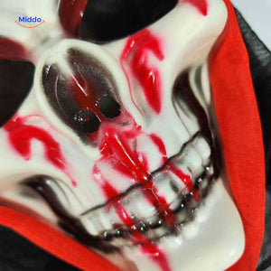 Close-up detail of bloody skull mask showing realistic bone texture and blood effects.