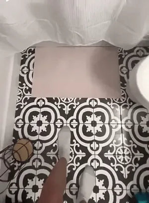Before and after comparison showing bathroom mat's color-change activation.