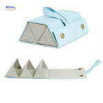 Blue foldable 3-slot eyeglasses case open to reveal three padded compartments for glasses.