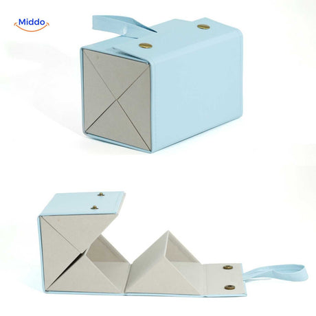 Blue 4-slot compact foldable eyeglasses storage case shown with sections clearly visible.