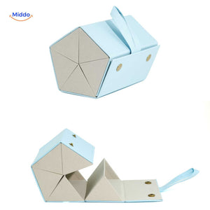 Blue 5-slot folding eyeglasses case displayed open showing five individual glasses slots.