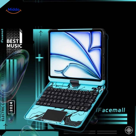 Blue Bluetooth keyboard case with electronic carnival design.
