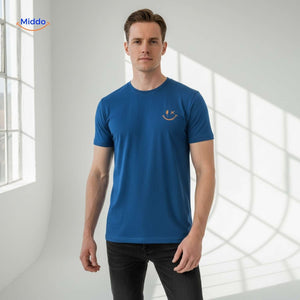 Blue breathable cotton t-shirt with smiley print in basic men's style.