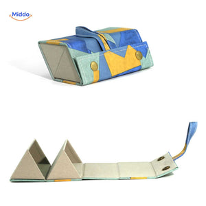 Blue geometric print 2-slot foldable eyeglasses case shown closed with pattern detail.
